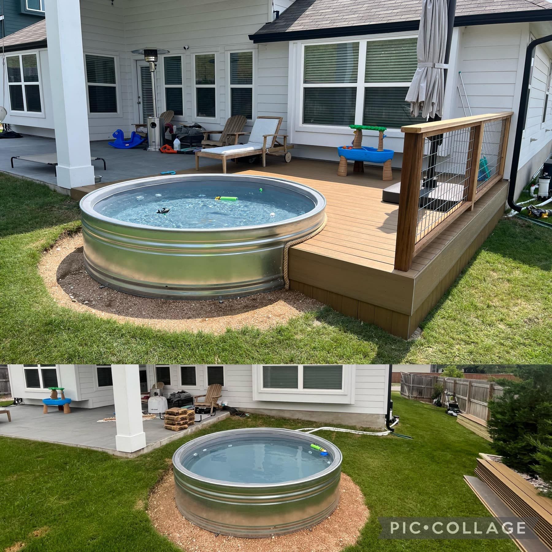 Composite deck with cedar hog wire railing wrapped around a galvanized stock tank pool